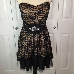 B Wear Strapless Black Tan Lace Overlay Dress 15